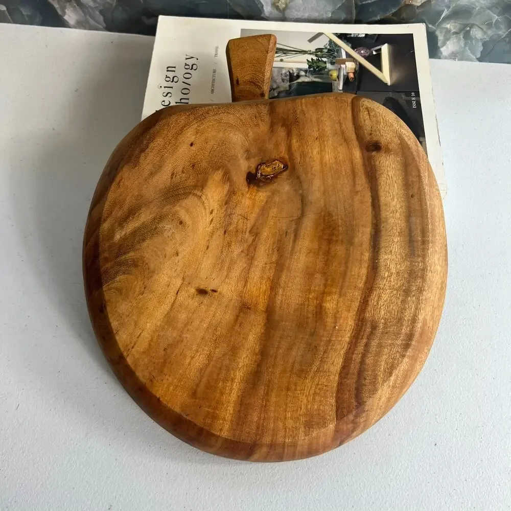Vtg Hand Carved Wood Apple Shape Fruit Bowl Country Farmhouse Dish 13.5